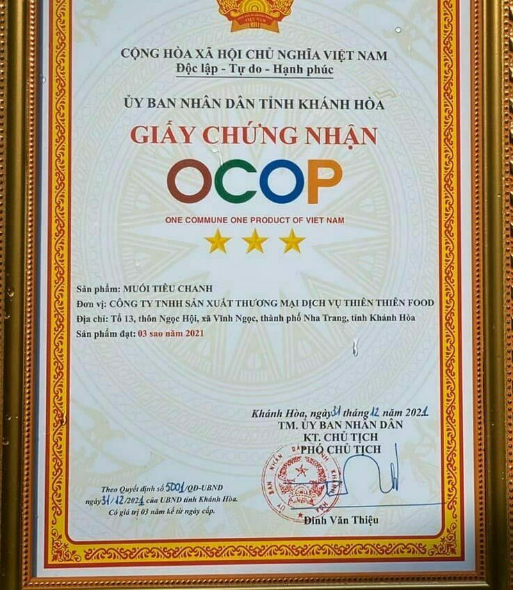Chứng nhận chất lượng OCOP muối ớt chanh Thiên Thiên Food